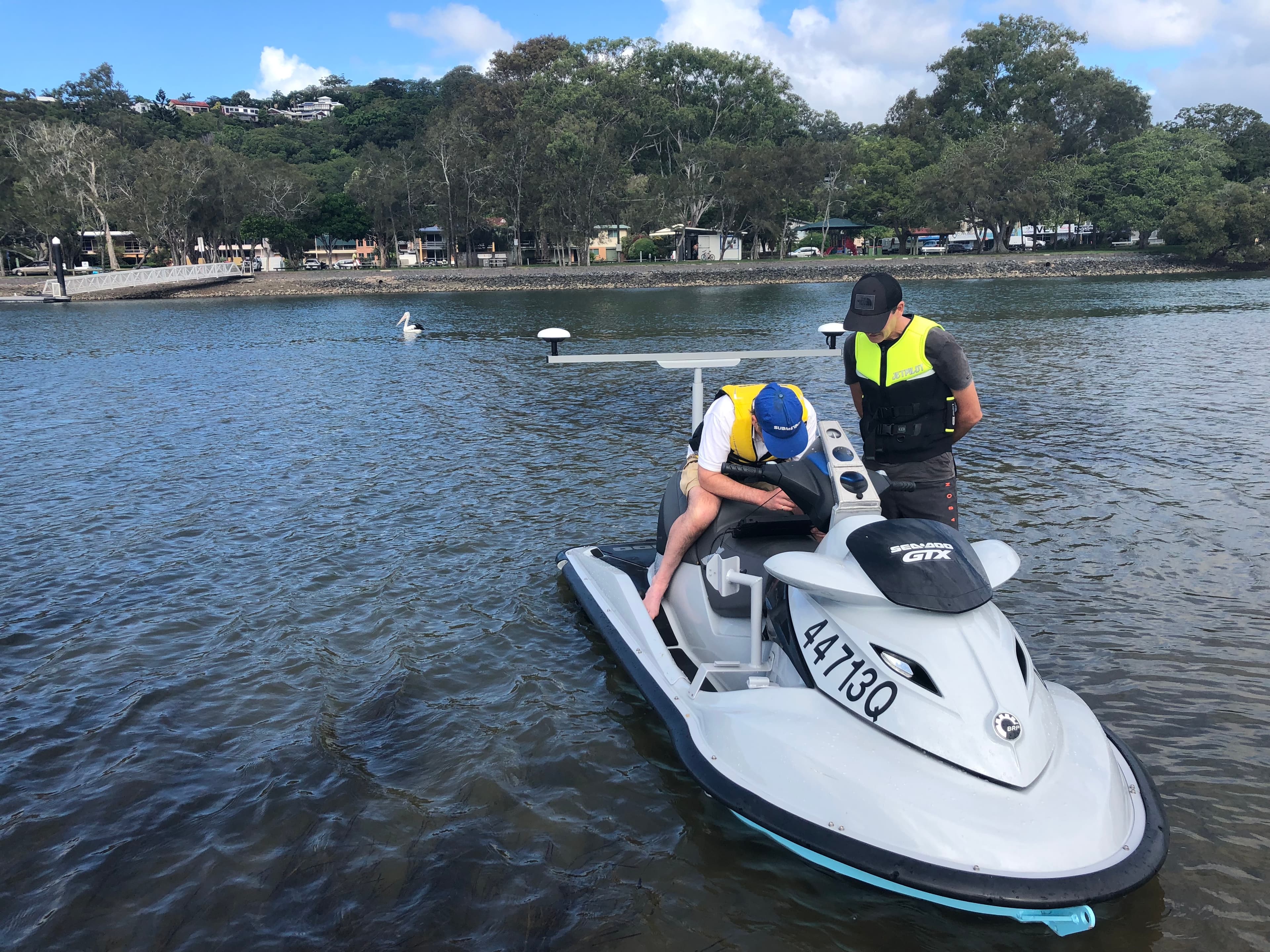 Bathyswath-3 pole-mounted on a jet ski, being prepared for a survey