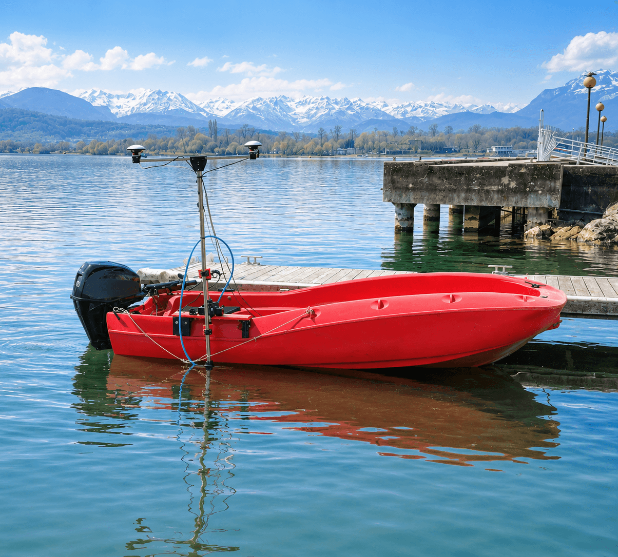 Bathyswath-3 pole-mounted on a small boat during a field deployment