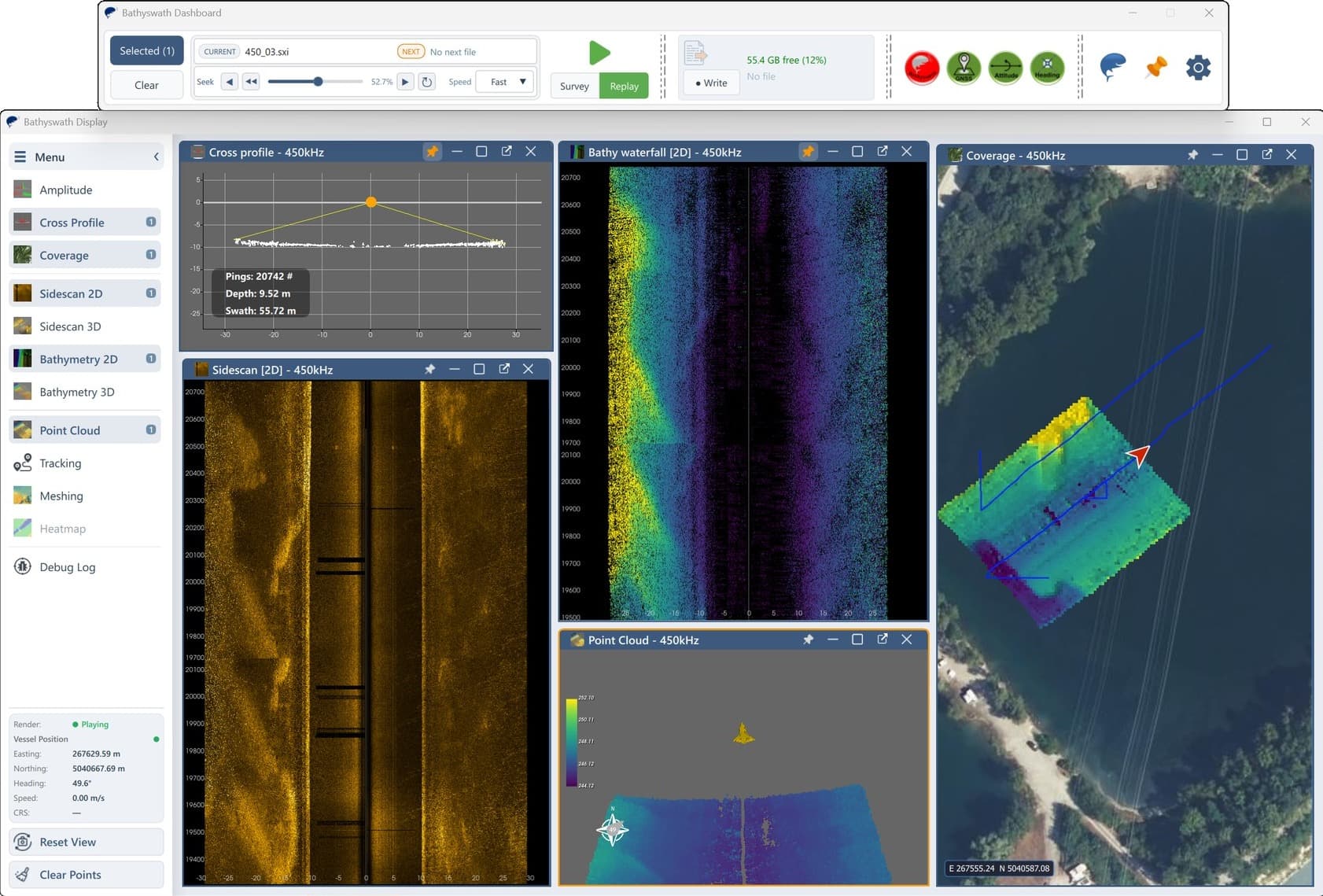 Bathyswath processing software showing Coverage, Cross Profile, Point Cloud and Sidescan windows