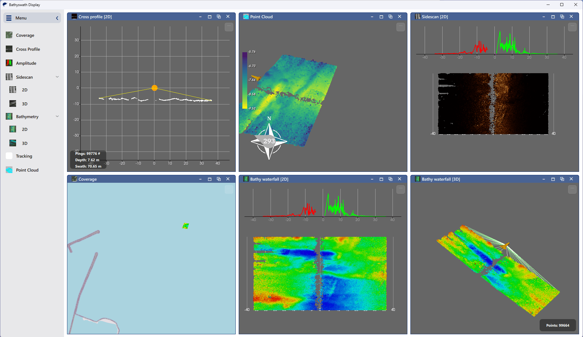 Bathyswath processing software showing Coverage, Cross Profile, Point Cloud and Sidescan windows